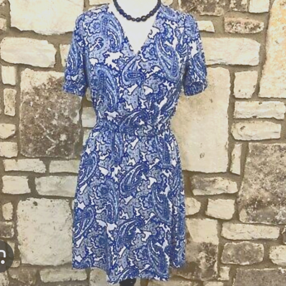 Michael Kors Blue White Paisley Midi Dress Women’s Size M V-Neck Stretch Short S